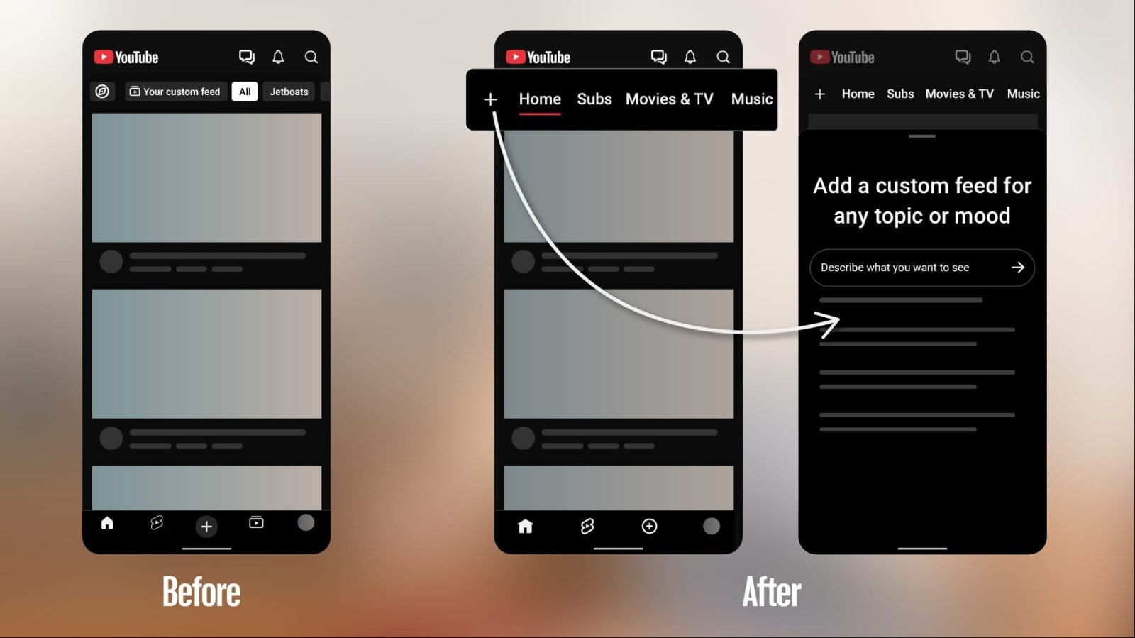 YouTube убрал вкладку Subscriptions из нижней панели и запустил кастомные ленты — иллюстрация